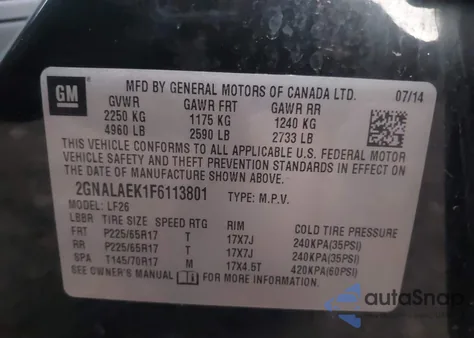 2015 Chevrolet Equinox Ls из США, поврежденный, VIN 2GNALAEK1F6113801